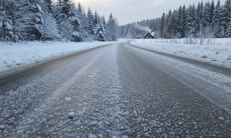A snow-covered road curves through a frosty forest landscape