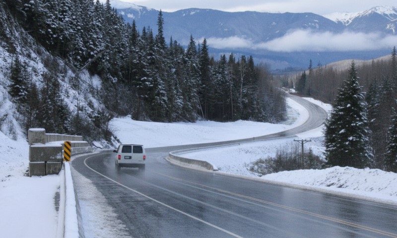 A lone vehicle travels on a winding, snow-covered mountain road lined with tall evergreen trees under a cloudy sky
