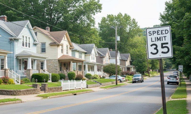 A suburban street with a row of neatly maintained houses, green lawns, and parked cars