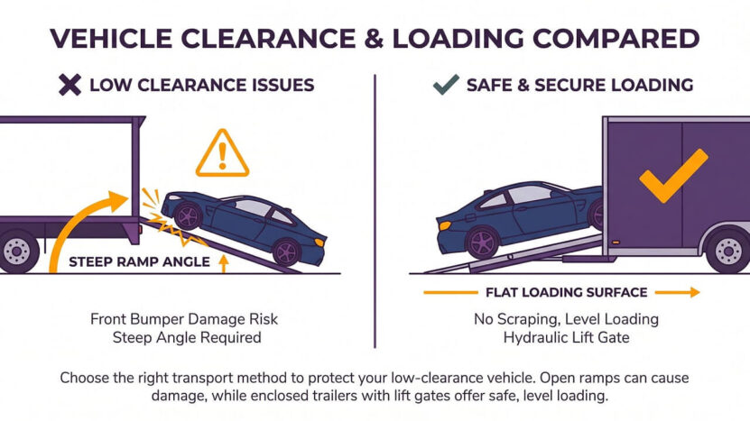 Comparison of low clearance car scraping on steep ramp versus safe flat loading with lift gate