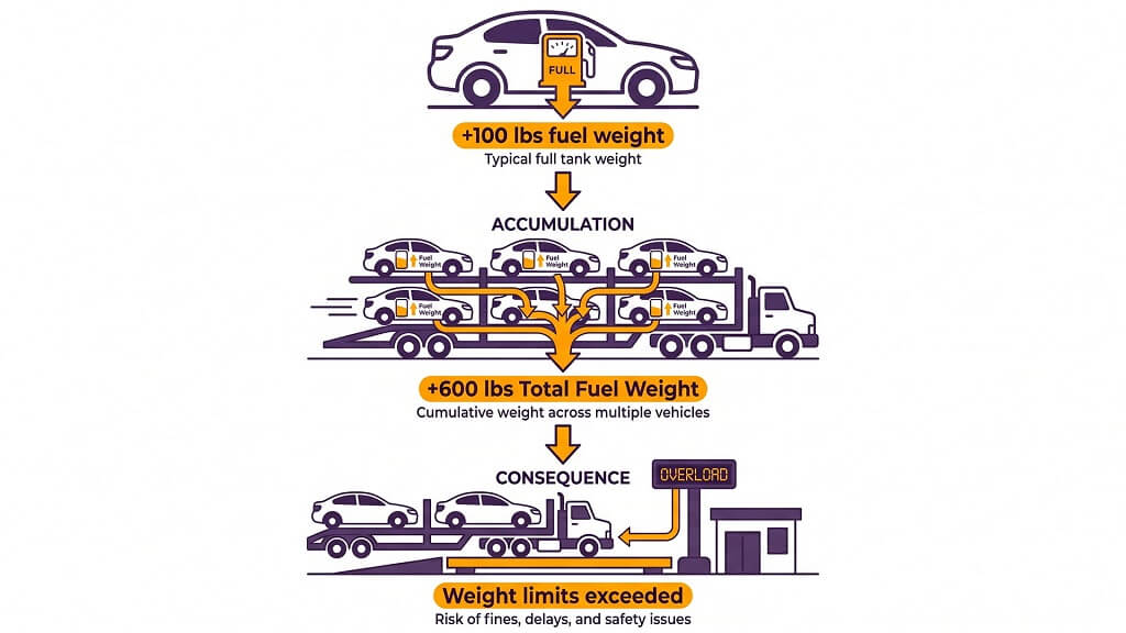 Car carrier overloaded due to multiple vehicles with full gas tanks exceeding weight limits