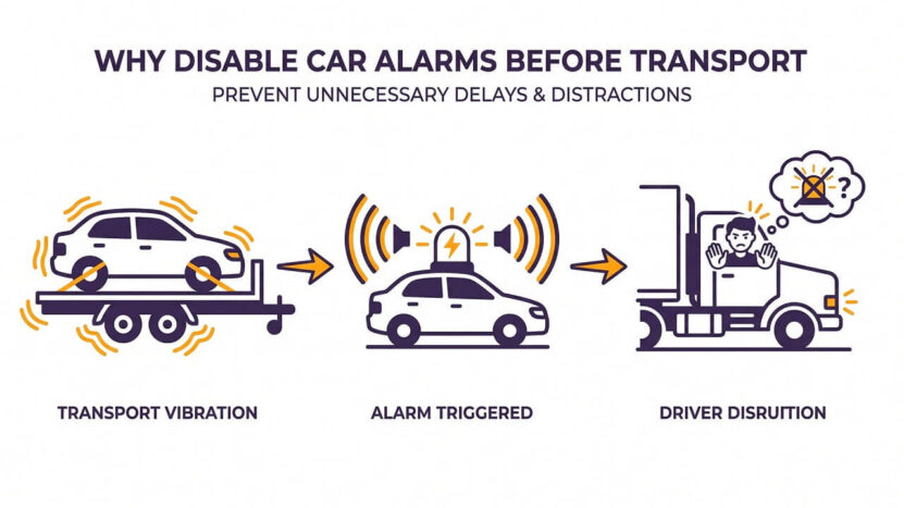 Car on transport trailer triggering alarm due to vibration causing driver disruption