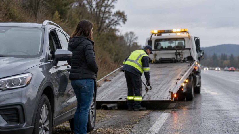 Woman standing beside a gray SUV while a roadside assistance worker prepares a flatbed tow truck on a wet highway.