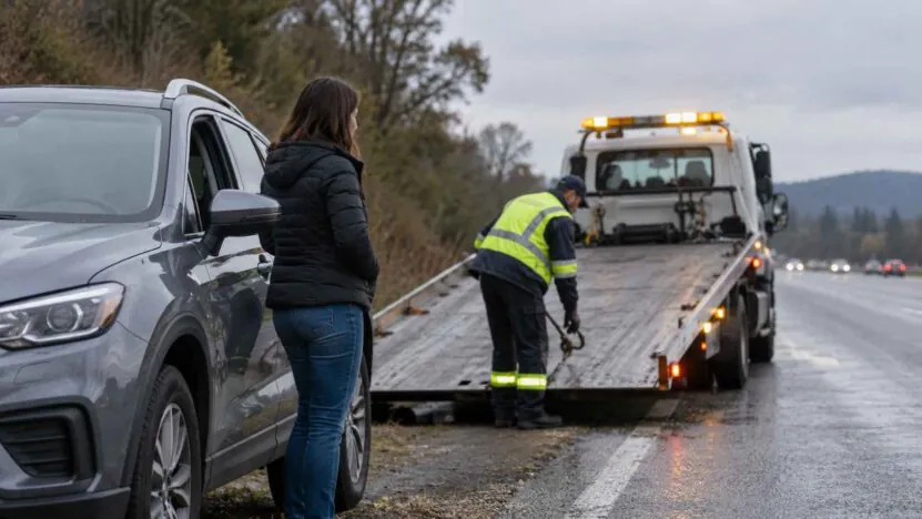 Woman standing beside a gray SUV while a roadside assistance worker prepares a flatbed tow truck on a wet highway.