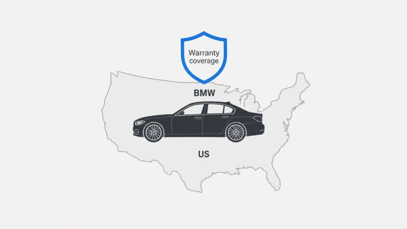 US map with a car silhouette and warranty shield labeled BMW, Warranty coverage and US