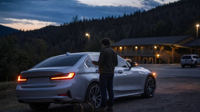Driver studies a folded map beside an unbadged sedan at a mountain highway pullout at dusk.