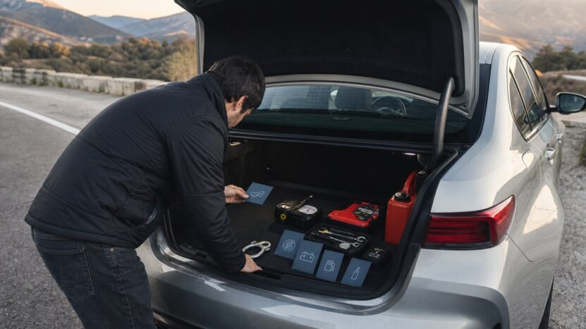 Driver arranges roadside kit items in the open trunk of a debadged silver sedan at a highway pullout